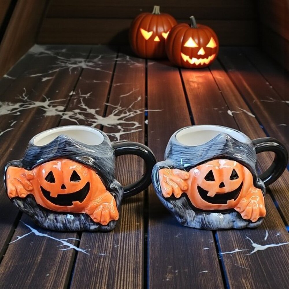 NEW 2 ceramic Jack-o'-lantern Halloween mugs Lewis mug Hyde and Eek Target